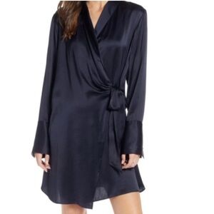 SOMETHING NAVY Satin Wrap Robe Style Dress Drapey Cuffed Sleeves in Navy SZ: M